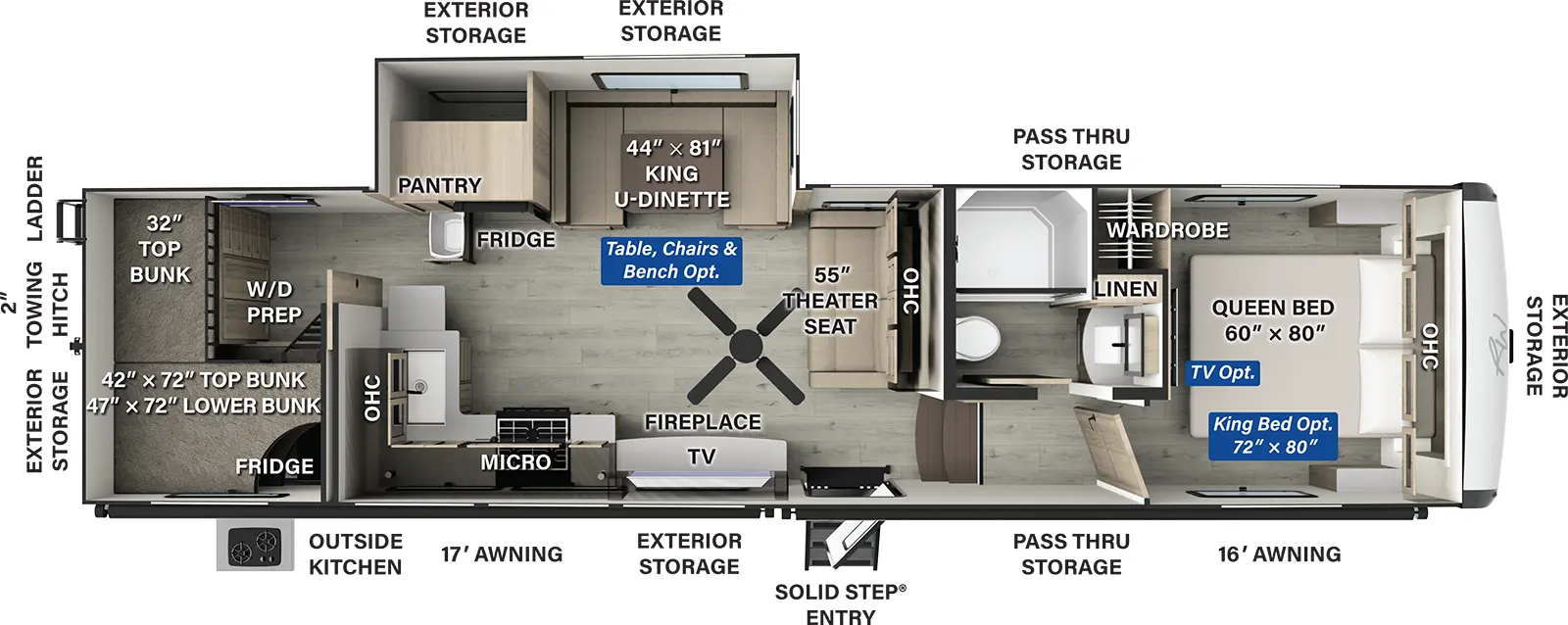 The Rockwood Signature Fifth Wheels R374DBH has one entry and one slide out. Exterior features include: fiberglass exterior, 17' & 16' awning and outside kitchen. Interiors features include: bunk beds, u-dinette and front bedroom.